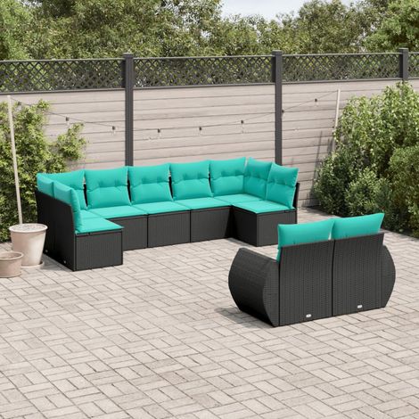 9-teiliges Gartensofa-Set mit Kissen, schwarzes Polyrattan (1/5)