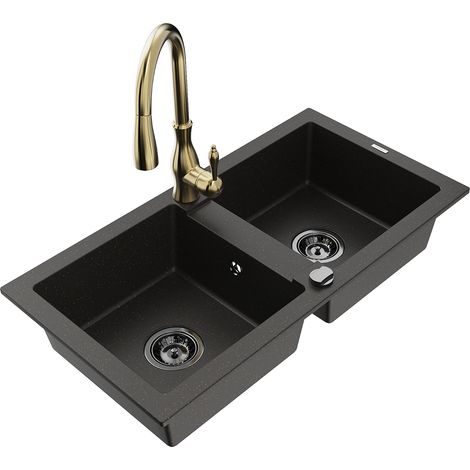 Mexen Mario 2-Becken-Granitspüle mit Mischbatterie Savita, Schwarz/Gold metallisch - 6504-75-672601-