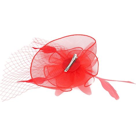 Damen-Haarschmuck aus Gaze, Braut-Hochzeits-Fascinator mit Federn (Rot) (1/5)