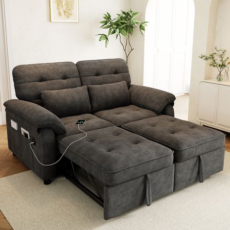Canapé-lit convertible 3-en-1 gris, canapé droit 2 places avec ports USB, dossier réglable et 2 coussins, chenille (1/5)
