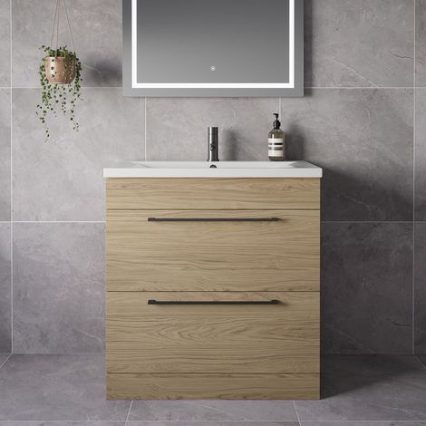 Napoli 460 Light Oak 800mm 2 Drawer Vanity Unit with Glide Basin - 800mm - Gunmetal Grey 480mm Handle