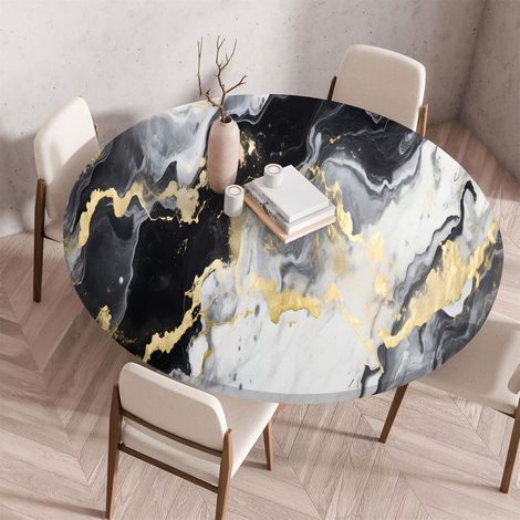 Tischdecke rund abwaschbar 150cm mit Gummiband, Marmormuster, wasserdicht