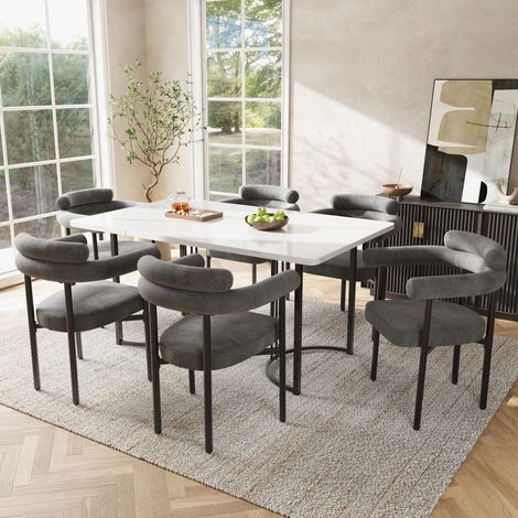 7-teiliges Tisch- und Stuhlset, Tisch 140 x 80 cm, 6 graue Samtstühle OKMYHOME (1/5)