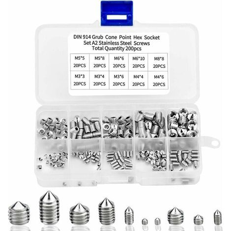 200pcs Vis Pointeau Vis Sans Tête Hexagonale , M3 M4 M5 M6 M8 Tête Conique Acier Inoxydable 304, Vis de pression,Kits de Vis à Six Pans Creux Coupelle (1/4)