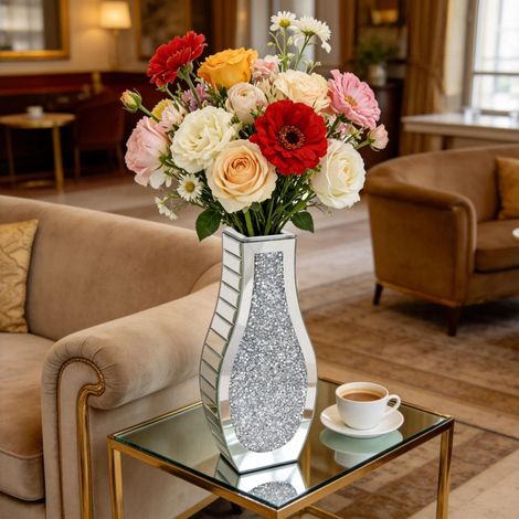 Crushed Diamond Mirror Vase Crystal Silver Glass Stunning Decorative Table Vase (1/5)