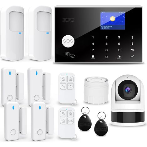 Système d'Alarme sans Fil pour la Maison, pcs GSM SMS 2G WiFi Full Burglar Alarm System, Siren Alarm with PIR, Door Window Sensor, Camera, Remote Control for Apartment, Garage, Office (1/5)