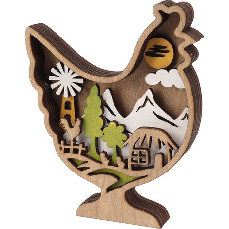 Ornement en Bois Sculpté de Coq Scène de Montagne Coloré Décoration Maison Modèle Détaillé (1/5)