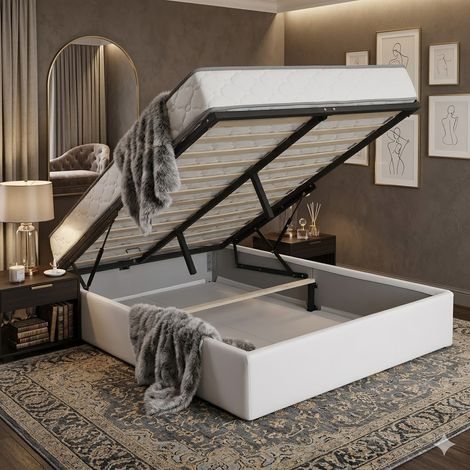Ensemble Lit Coffre et Matelas 140x190 cm - Couleur : Blanc - Sommier Relevable avec Grand Coffre de Rangement et Vérins Hydrauliques - Matelas Soutien Très Ferme Haute Densité - Lit Coffre Déhoussabl (1/5)