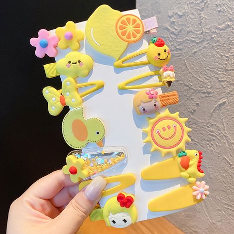 Lot de 14 Pinces à Cheveux Enfants Fille Motif Princesse Fleur Fruit Dessin Animé Couleurs Vives Jaune (1/3)