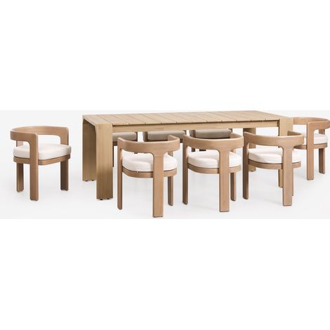 SKLUM Rechteckiger Esstisch-Set 220x100 cm aus Akazienholz Mirelen und 8 Esszimmerstühle aus Akazienholz und Bouclé-Stoff Kandroa Helles Akazienbraun