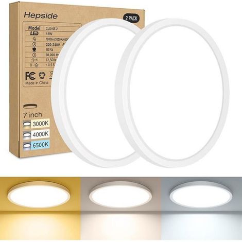 Lot de 2 Plafonnier LED Luminaire Salle de Bain 15W 3000K/4500K/6000K Sélectionnable Moderne Très mince éclairage de Blanc. (1/5)