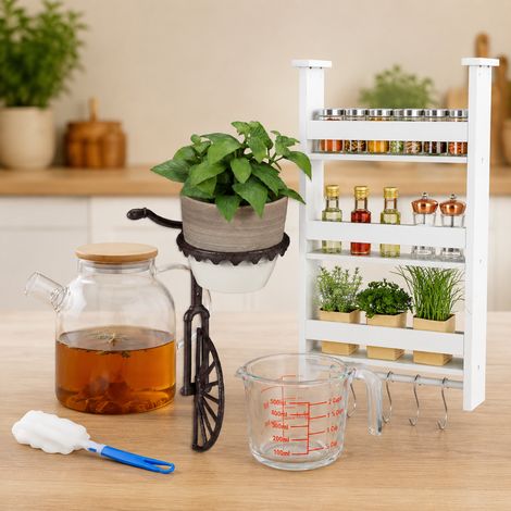 Juego de cocina de vidrio (4 piezas): tetera de borosilicato, especiero para nevera, salvamanteles y jarra medidora. (1/5)