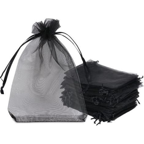 Sachets Pochettes Cadeau - Organza - Noir - 10x15cm - Lot de 100 - Rubans Inclus (1/4)
