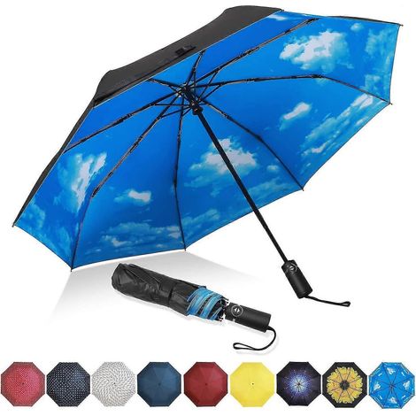 Parapluie pliant compact de voyage, parapluie de pluie portable avec revêtement en téflon - Toile renforcée, poignée ergonomique, ouverture/fermeture automatique - Sky- (1/5)