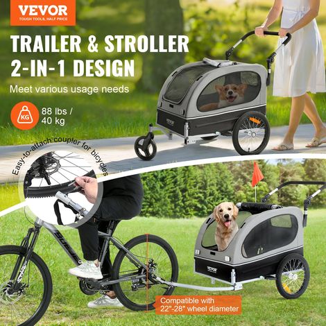 Remorque de Vélo Chien Pliable Charge 40 kg Poussette d'Animaux de Compagnie 2en1 Cadre Facile à Plier avec Roues à Dégagement Rapide, Coupleur de Vélo Universel, Réflecteurs, Drapeau, Noir/Gris (1/5)