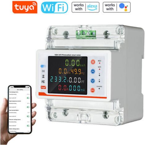 Compteur d'Énergie Monophasé,Disjoncteur Intelligent, Tuya WiFi, Compteur Bidirectionnel, Contrôle App, Sécurité, Compatible Alexa, Google Assistant