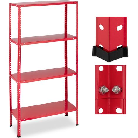 Relaxdays Schwerlastregal, Traglast 160 kg, 4 Ebenen, HxBxT 147,5 x 75,5 x 30,5 cm, Keller & Garage, Metallregal, rot