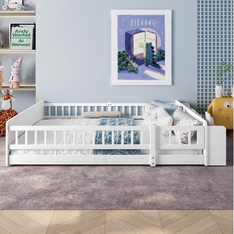 Letto singolo per bambini 140x190 cm, con vano portaoggetti aperto, scaffali e sponda apribile, in pino bianco, senza materasso (1/5)