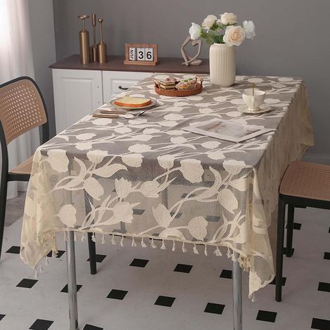 Nappe simple à pompons, nappe rectangulaire en dentelle pour la maison, nappe basse non lavable, beige, 140 x 180 cm (1/4)