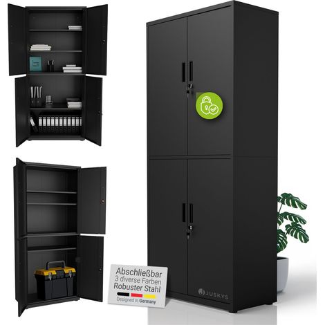 Juskys Aktenschrank aus Metall – 180x80x40 cm abschließbarer Büroschrank aus Stahl mit 2 Türen & 3 verstellbaren Einlegeböden, höhenverstellbare Füße - Schwarz