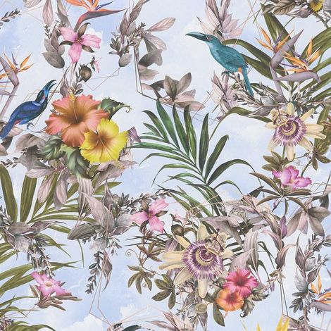 Papier peint floral rose et orange sur fond bleu ciel Tapisserie feuillage à motifs de fleurs Papier peint fleuri style tropical idéal salon (1/4)