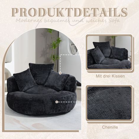 Canapé détente dossier haut, fauteuil lounge avec pouf et trois coussins, usage intérieur/extérieur, fauteuil gaming simple pour chambre ou bureau, en chenille noire, adulte et enfant.