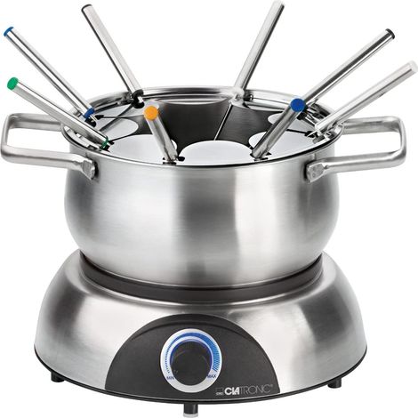 Clatronic FD 3783 - Pentola elettrica per fonduta con paraspruzzi rimovibile, per 8 persone, con forchette per fonduta in acciaio inox, codice colore, capacità max. 1,2 litri/1400 Watt, in acciaio (1/5)