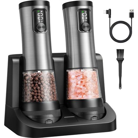 Moulin à Poivre Électrique Set, Réglage 2 Vitesses Améliorées, 5 Niveaux de Finesse, Écran de Batterie Et Base Rechargeable, Salières Et Poivrières Automatiques Inoxydables Avec Éclairage LED