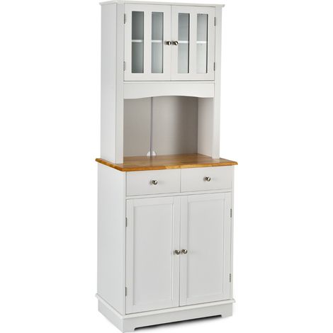 Mobile dispensa da cucina autoportante con piano in legno regolabile, Credenza e 2 cassetti con ante in vetro Bianco (1/4)