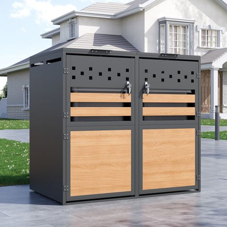 Mülltonnenbox 2er 132x80x120 cm, abschließbare Mülltonnenverkleidung aus Metall, mit Klappdeckel, Doppeltüren, Holzoptik Grau