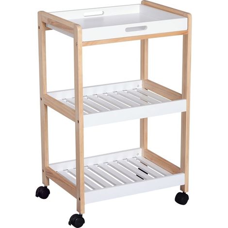 Chariot de service desserte de cuisine à roulettes 2 étagères + plateau amovible bois de pin MDF blanc (1/5)