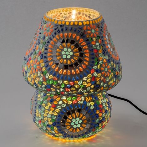 Mosaik Tischlampe aus Glas in Pilzform mit Blüten 30 cm (1/3)