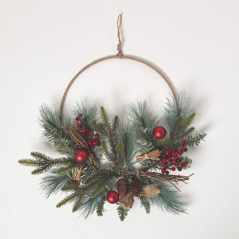 HOMESCAPES Round Metal Hoop Traditional Christmas Wreath (1/4)