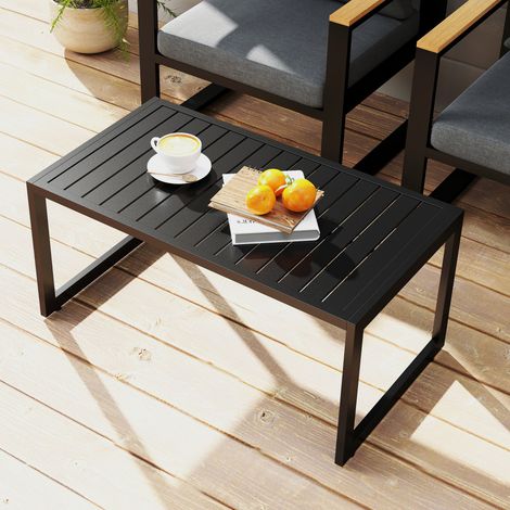 Table basse extérieure avec plateau à lattes. cadre en aluminium. pour balcon. patio. terrasse. 90 x 50 x 42 cm. noir