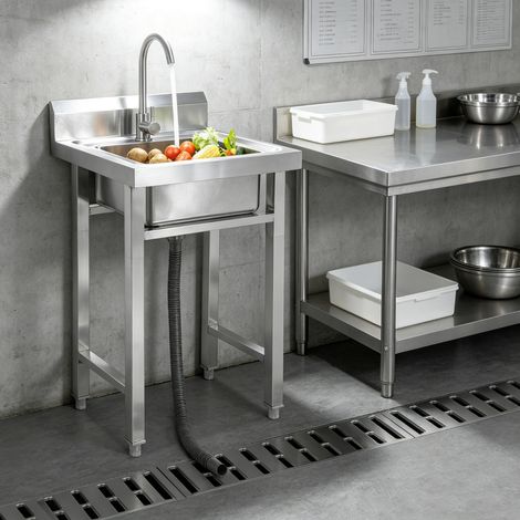 【Chauffage et ventilation】Évier Autoportant 1 Bac Professionnel en Acier Inoxydable, 50 x 50 x 93 cm, Robinet Rotatif 360°, avec Panier Filtre et Accessoires, pour Cuisine, Restaurant, Jardin et Garag (1/5)