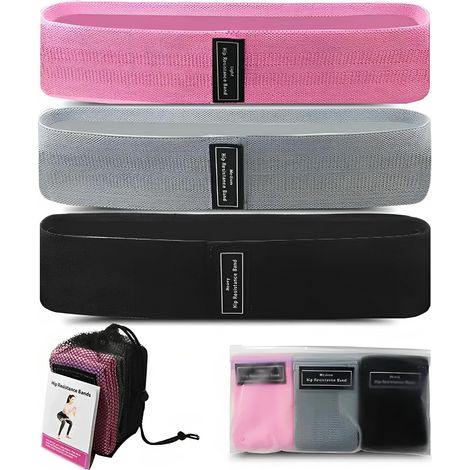 Bandas de resistencia de tela de 37 cm x 8,3 cm, juego de 3, con 3 niveles de fuerza, para yoga, pilates, fitness, sentadillas y puentes de glúteos. (1/5)