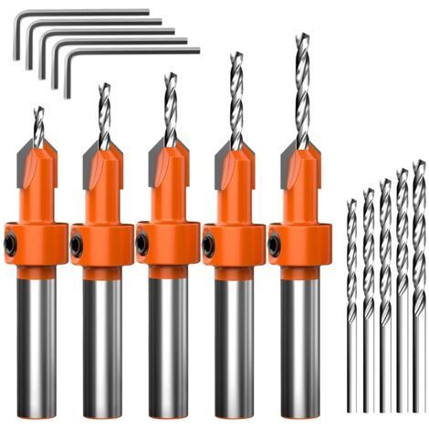 Jeu de 15 Foret Fraise Bois, 5 Forets à Fraiser en HSS Réglables (2.8/3/3.2/3.5/4mm), avec 5 Mèches Remplaçables 5 Clés Hexagonales, Countersink Drill Bit Set pour Chanfreinage et Perçage Pré (1/5)