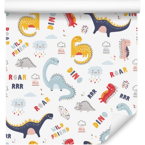 Papel pintado de nubes con dinosaurios coloridos para salón y dormitorio, 50x1000 cm. (1/5)