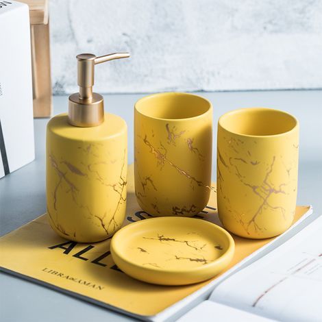 Set of 4 ceramic bathroom accessories with soap dispenser, glass, soap dish (yellow) (1/4)