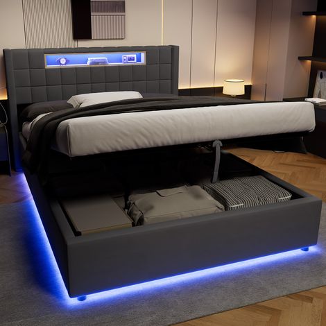 Lit 140/200 cm de terciopelo gris oscuro con canapé, LED y puertos USB-C (1/5)