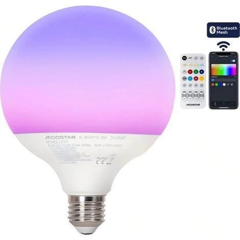 Aigostar Ampoule LED Connectée Bluetooth Mesh G120 E27 4,9W RGB+CCT Éclairage d'Ambiance Contrôle à Distance par Télécommande et Application Mobile