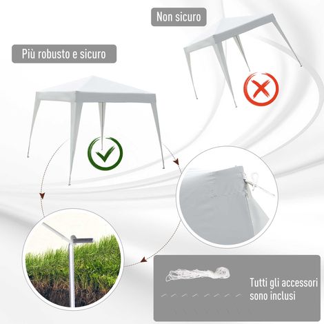 Abri de jardin blanc 2,4 x 2,4 m, tonnelle pliante avec armature en acier et haubans de stabilisation.