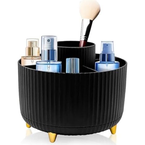 Rangement Maquillage Organisateur Salle de Bain, Organisateur Maquillage Rotatif 360°, Rangement Pinceaux Maquillage avec 5 Compartiments pour Coiffeuse Cosmétiques Noir (1/4)