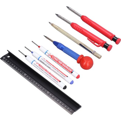 Kit d'outils de positionnement de trous pour le travail du bois : poinçon central, stylo à tracer, recharge, outil de marquage et de positionnement. (1/5)