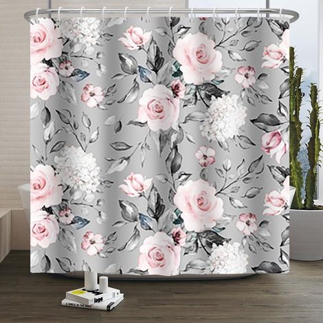 Rideau de Douche à Feuilles d'eucalyptus Rideau de Salle de Bain Fleuri Fleur de Rose Rose et Plante à Feuilles Vertes Rideau de Douche Tissu imperméable et Lavable en Machine 120x180cm (1/5)