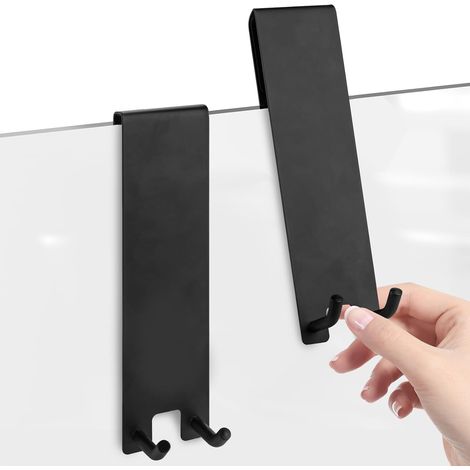 Lntyq Lot de 2 crochets de porte de douche en acier inoxydable avec éponge antidérapante pour portes en verre sans cadre (Noir Long) (1/5)