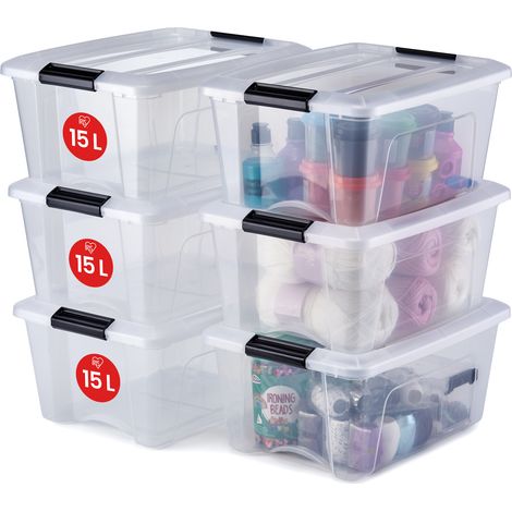 Iris Ohyama – Boîtes de rangement plastique 15L – Lot de 6 – Transparent – Résistance aux chocs – Poignée intégrée pour transport facile