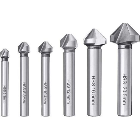 6PCS Fraise à Chanfreiner HSS 6542 Foret Conique 90° Fraise à Noyer Forets hélicoïdaux Fraise à Ébavurer Cylindrique pour Bois Métal PVC Machine-outil 6.3/8.3/10.4/12.4/16.5/20.5mm (1/4)