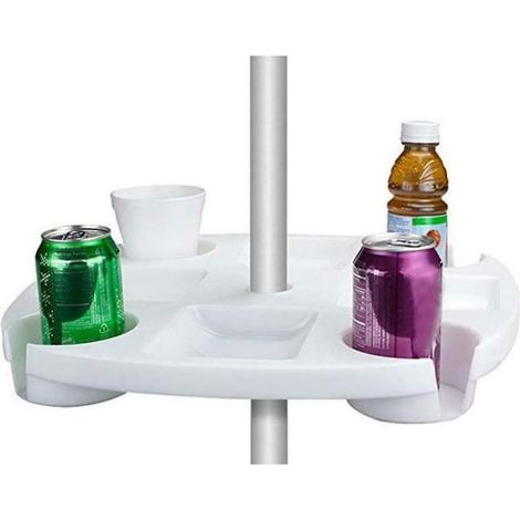 Plateau de table pour parasol de plage, rond de 42 cm, en plastique, porte-gobelet, porte-bière, plateau de rangement pour collations, pour jardin et piscine - Blanc (1/5)