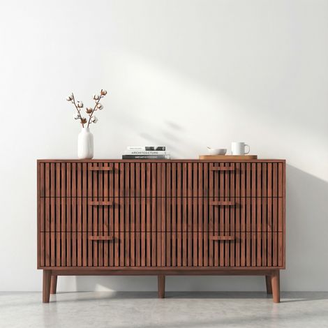 Commode 6 tiroirs naturel design, 100x34x73 cm, buffet bas, meuble de rangement, anti-basculement, convient pour salon, chambre, entrée - Marron